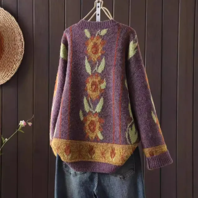 Floral Print Long Sleeve Round Neck Pullover Sweater - Shop at LoveMi