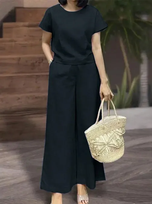 Womens Short Sleeve Sporty Casual Set Cropped Loose Top And Cropped Pants Two Piece Set Black - Shop at LoveMi