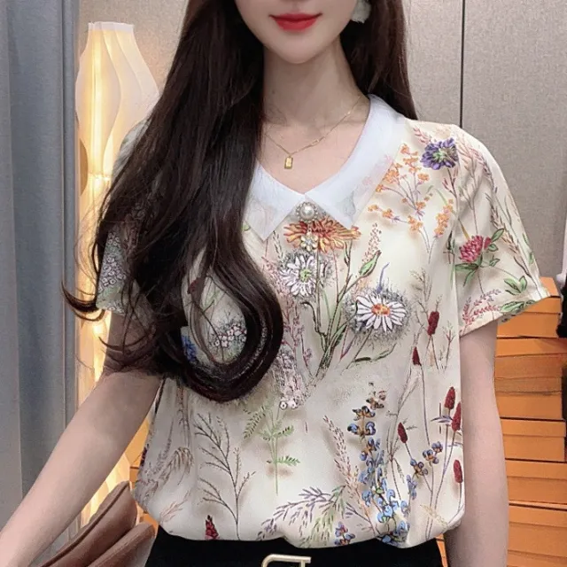 Versatile Organza White Collar Breathable Thin And Comfortable T shirt Rose - Shop at LoveMi