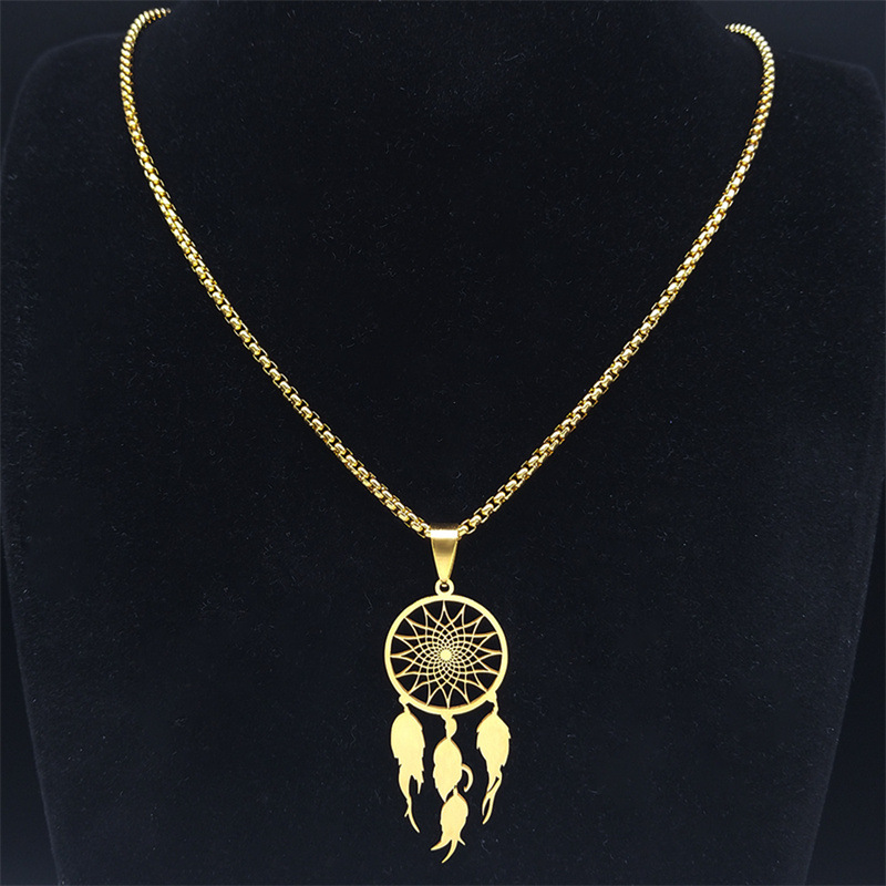 Stainless Steel Ornament Tassel Feather Long Dreamcatcher Necklace