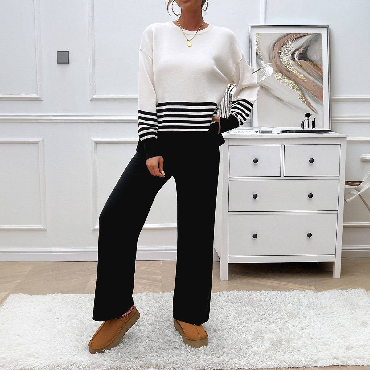 Contrast Color Straight-leg Trousers Sweater Suit