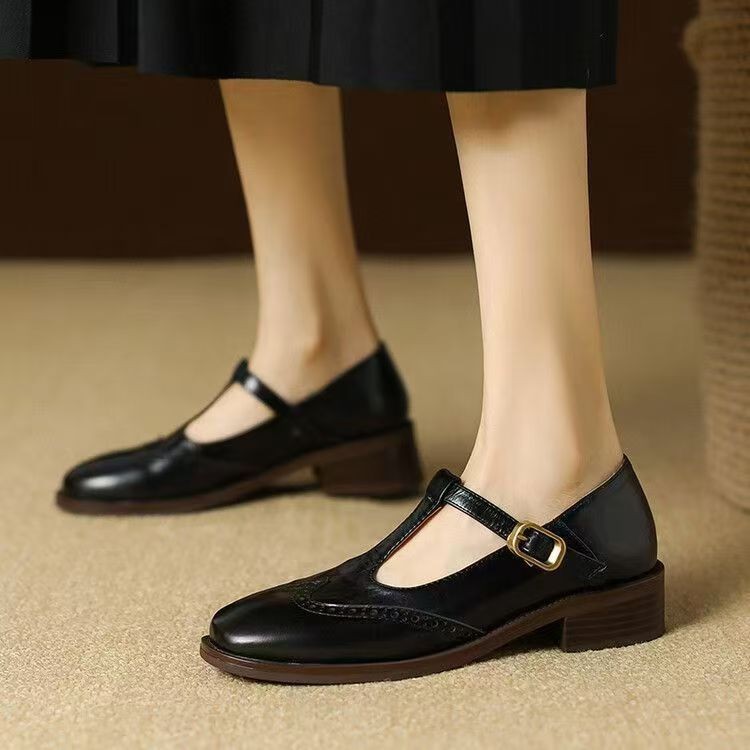 Casual Round-toe Mid-heel Mary Jane Leather Shoes