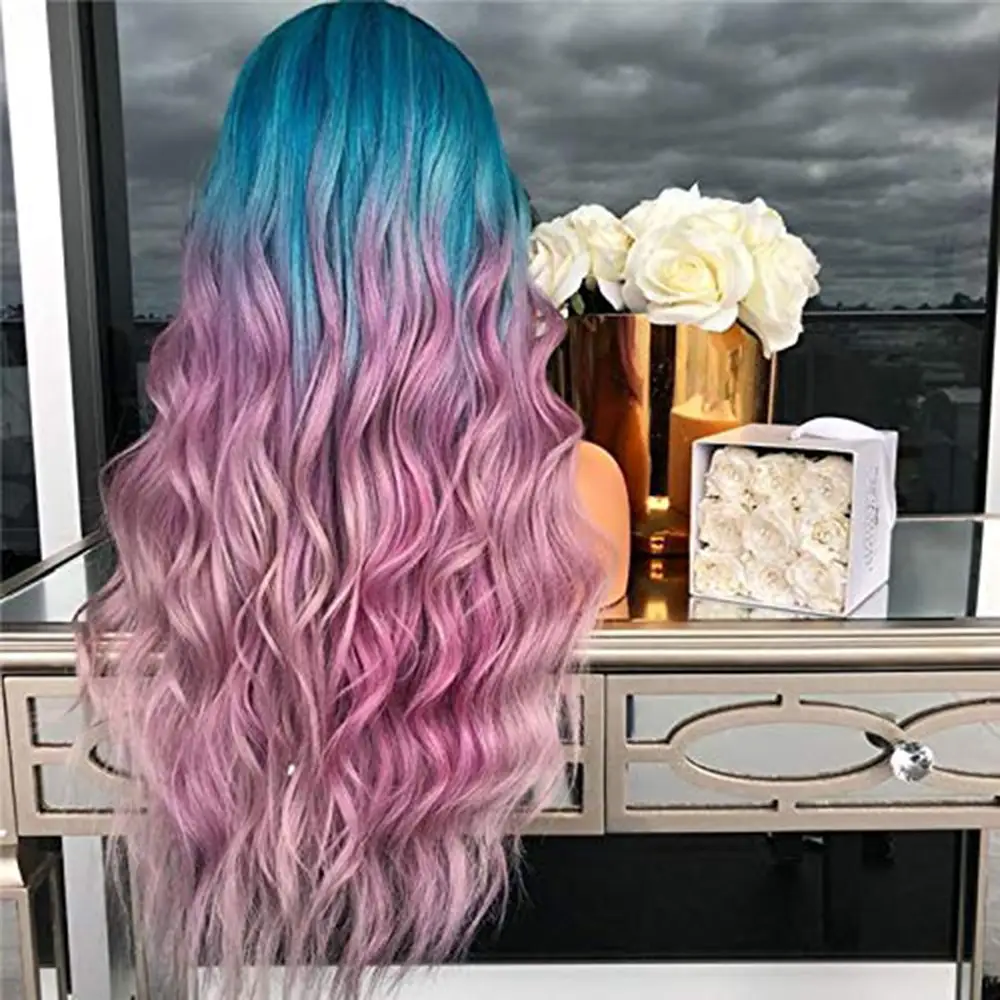 Blue-purple Gradient-dyed Wig Made Of Synthetic Fiber