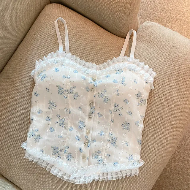 Sweet Lace Floral Small Sling Beauty Back Vest Mist Blue - Shop at LoveMi
