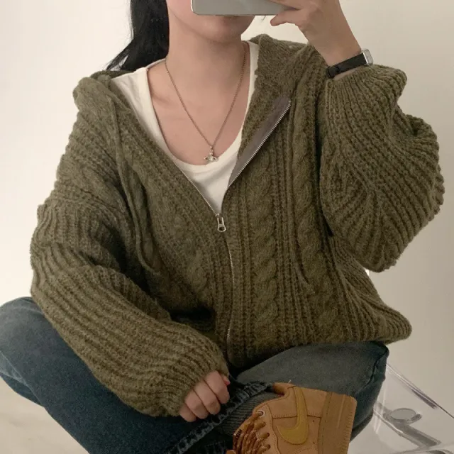 Women's Twist Hooded Long Sleeve Sweater Coat Loose Green - Shop at LoveMi