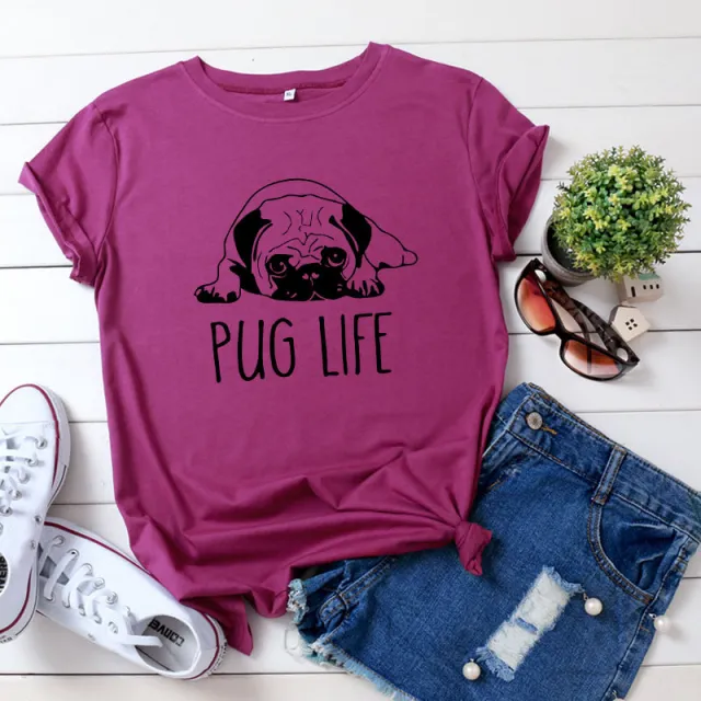 Top European And American Style Casual Women's Wear PUG LIFE Short sleeved T shirt Pure Cotton Wine - Shop at LoveMi