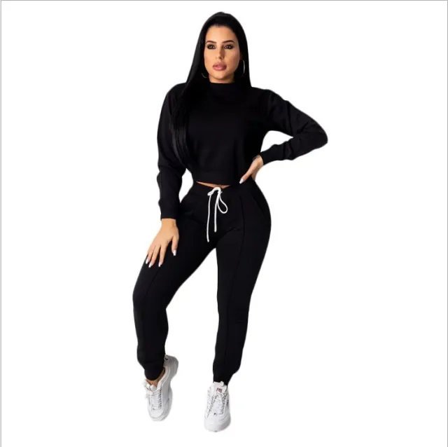 Women's Casual Sports Solid Color Long Sleeve Pullover Top Drawstring Trousers Suit Black - Shop at LoveMi