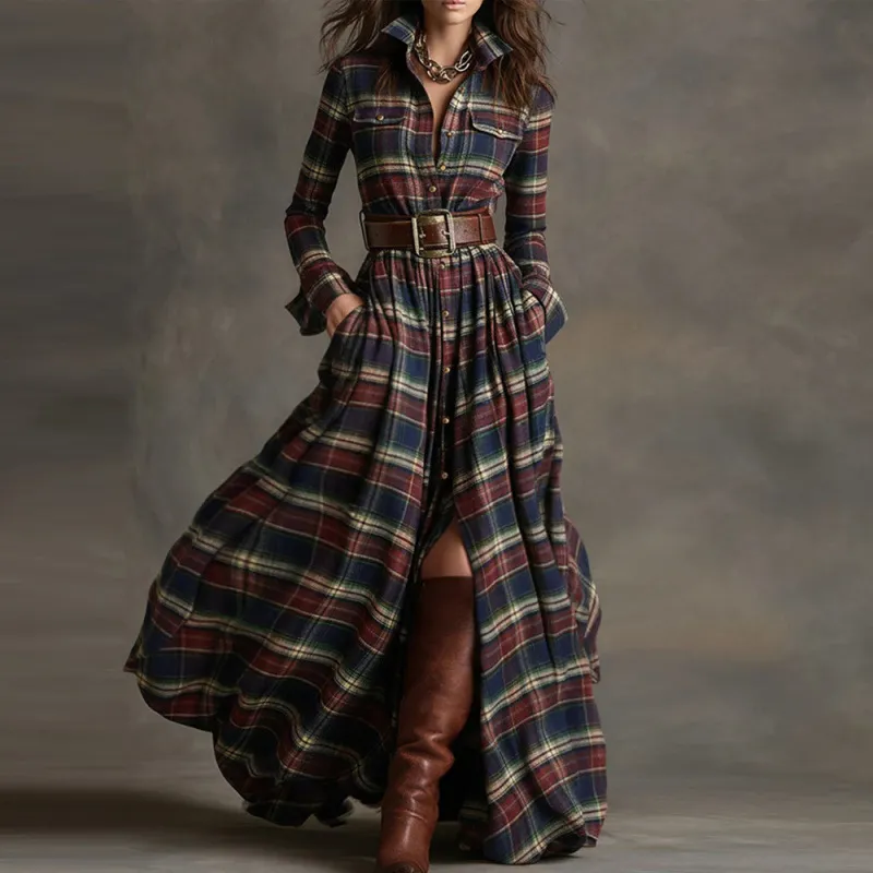 Women's Retro Long-sleeve Shirt Dress - Picture Colour-S