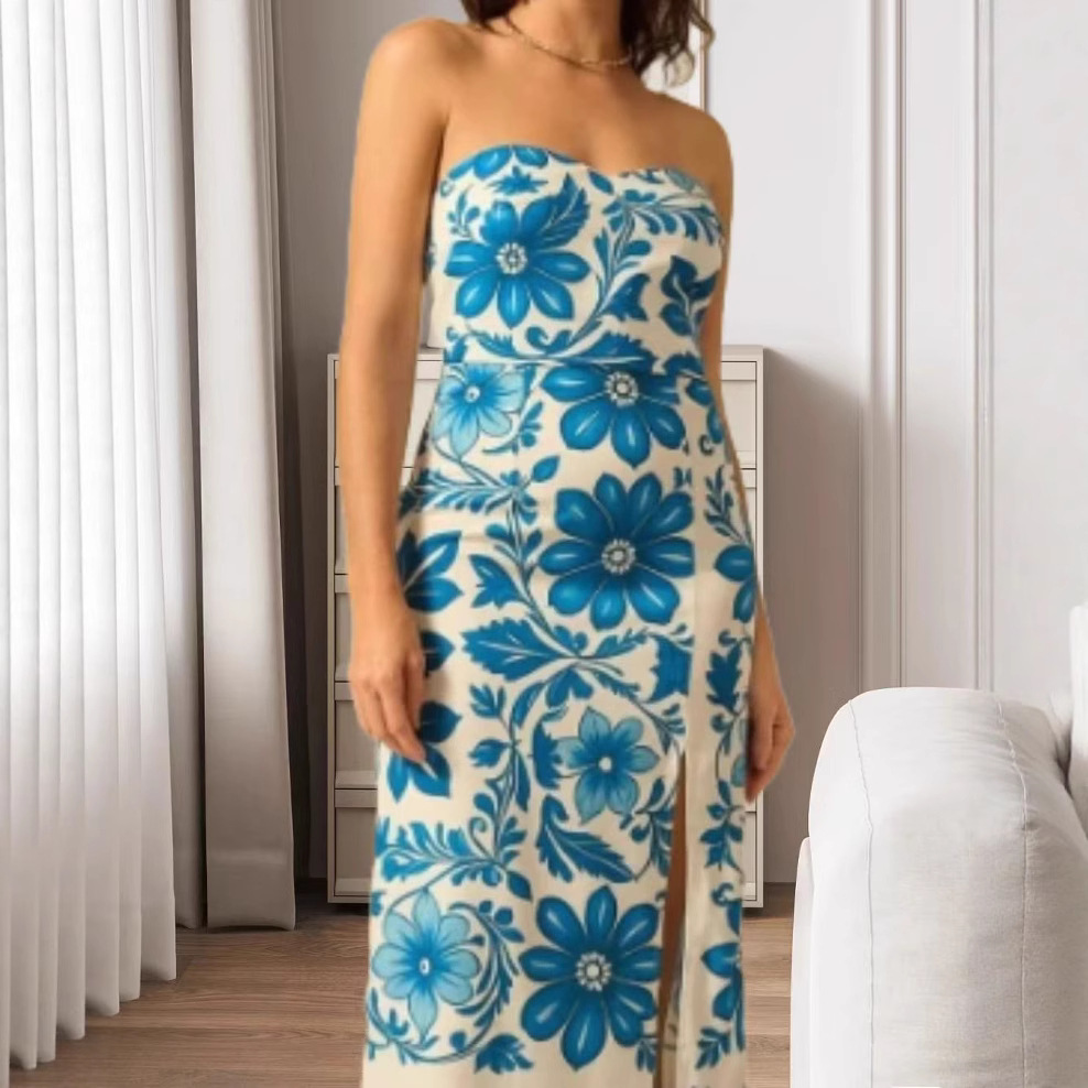 Printed Chest Wrap Slit Slim-fitting Dress