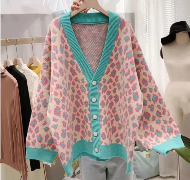 Sweater Coat Plus Size Leopard Print Women's Mid length Lake Blue - Shop at LoveMi