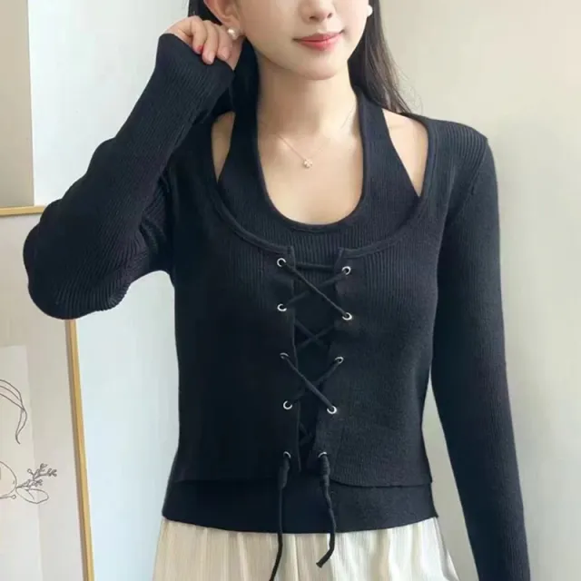 Korean Style Halter Off the shoulder Lace Up Fake Two Pieces Long Sleeve Knitted Top Black - Shop at LoveMi