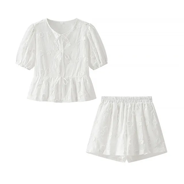 Solid Color Flower Embroidered Cotton Short sleeved Shorts Two piece Suit Suit - Shop at LoveMi