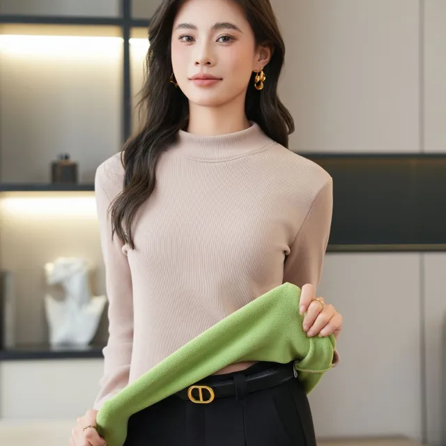Fleece lined Thickened Bottoming Shirt Women's Half High necked Khaki - Shop at LoveMi