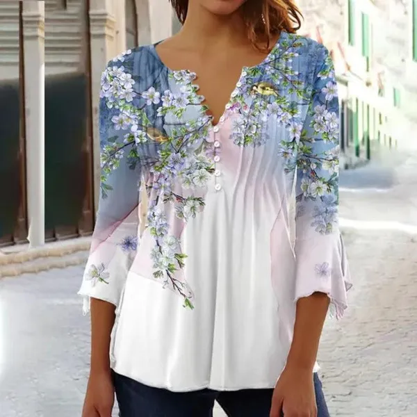Women's Floral Printed V-neck Short Sleeve Button T-shirt - Light Blue