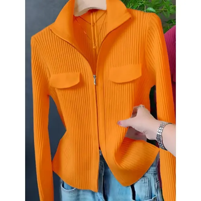 Lapel Long Sleeve Knitted Cardigan Sweater For Women Orange - Shop at LoveMi