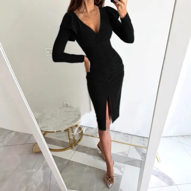 V neck Solid Color Long Sleeve Dress A5095 Black - Shop at LoveMi
