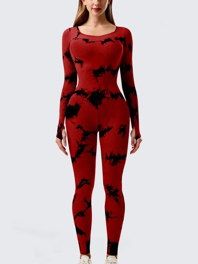 Sports Workout Clothes Slim Thread Long Sleeve Tights Dyed Red And Black - Shop at LoveMi