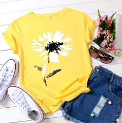Women's Floral Printed Cotton Short-sleeved T-shirt Top - Yellow - View 1