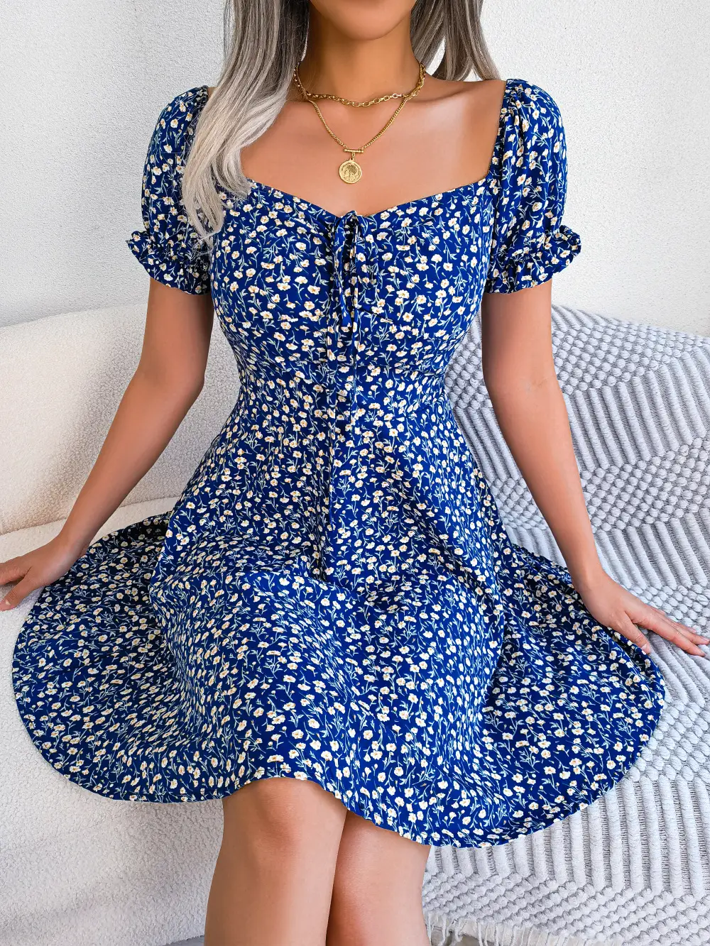 Flared Sleeve Drawstring Lace Floral Print Large Swing Dress