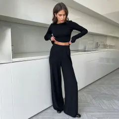 Soft, Comfortable And Stretchy Two-piece Black Crew-neck Womens Loungewear Set - Black - View 1