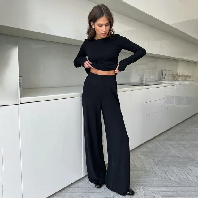 Soft, Comfortable And Stretchy Two piece Black Crew neck Womens Loungewear Set Black - Shop at LoveMi
