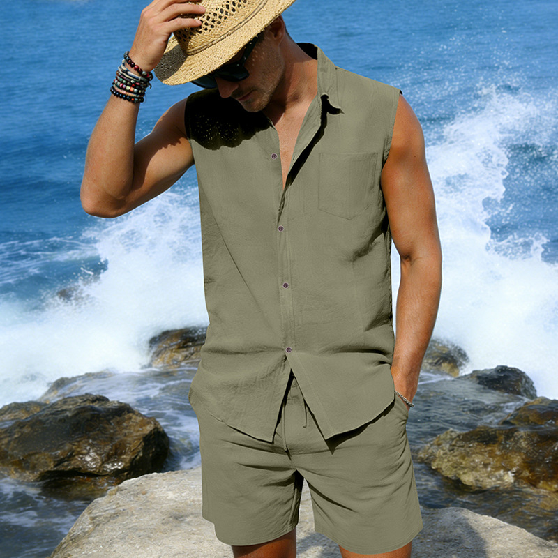 Mens Linen Sleeveless Shirt And Shorts Set