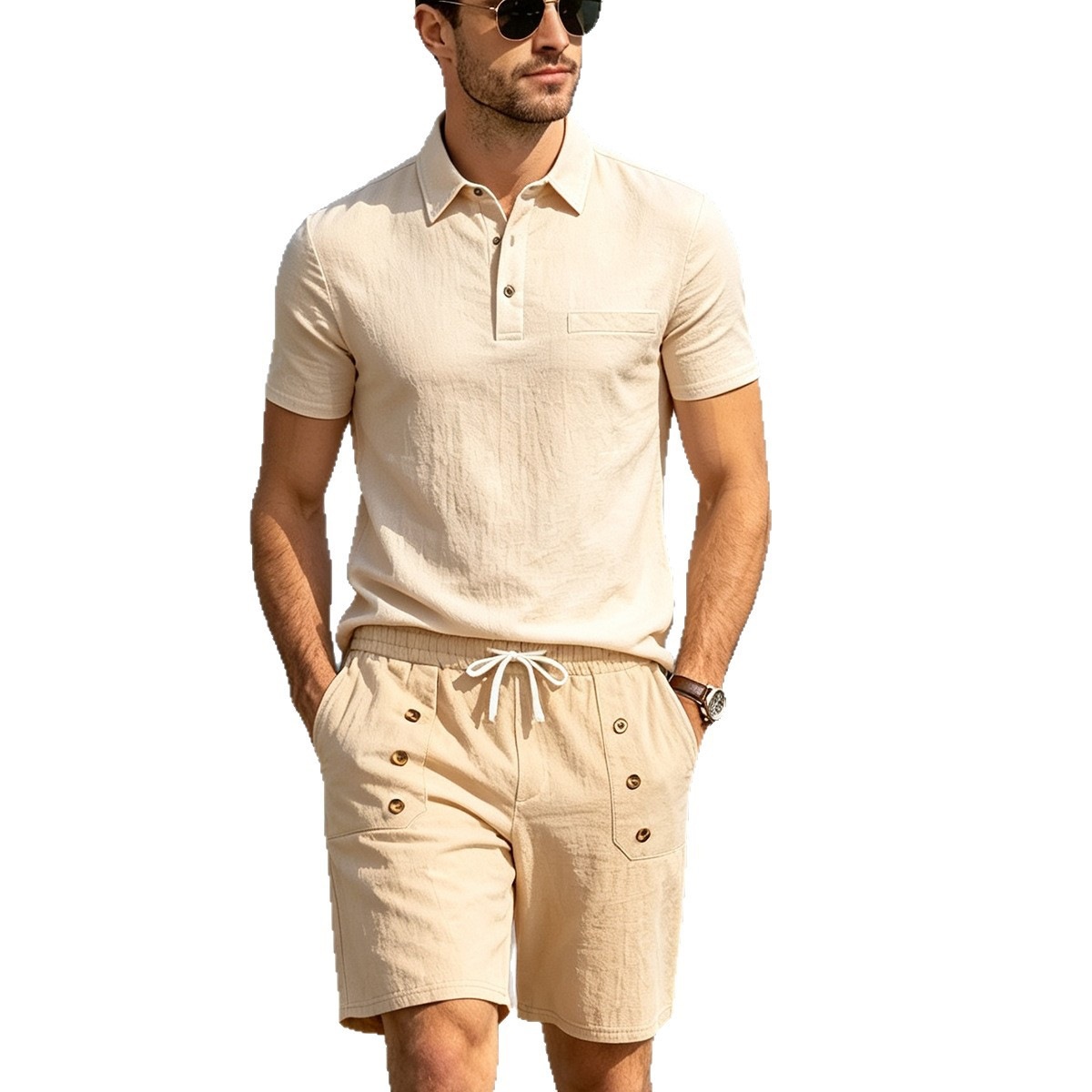 Mens Lapel Linen Polo Shirt And Shorts Set