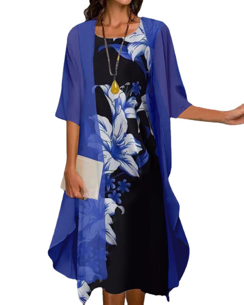 Two-piece Floral Print Mid-length Sleeves Long Dress
