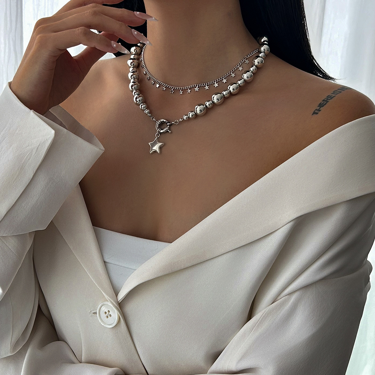 欧美跨境饰品简约五角星合金吊坠项饰时尚串珠项饰项链Necklace