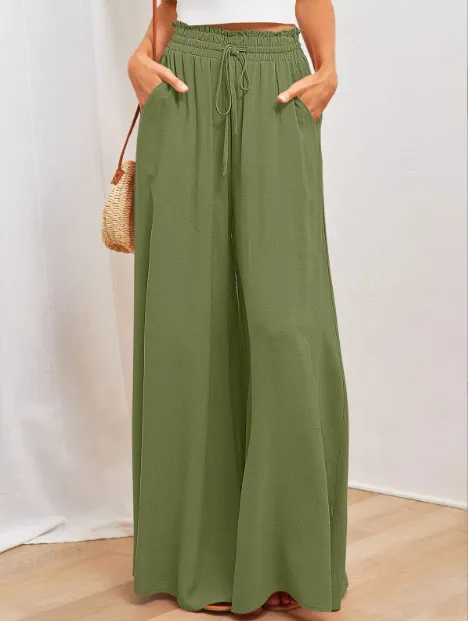 Flowers Printed Wide leg Trousers Summer Casual Straight Pnats For Women Beach Clothing Army Green - Shop at LoveMi