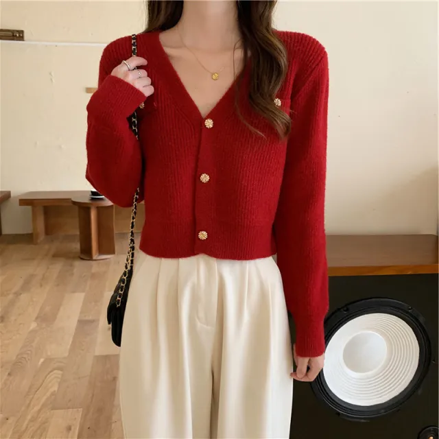 Classic Style Short Knitted V neck Long sleeve Cardigan Sweater Red - Shop at LoveMi