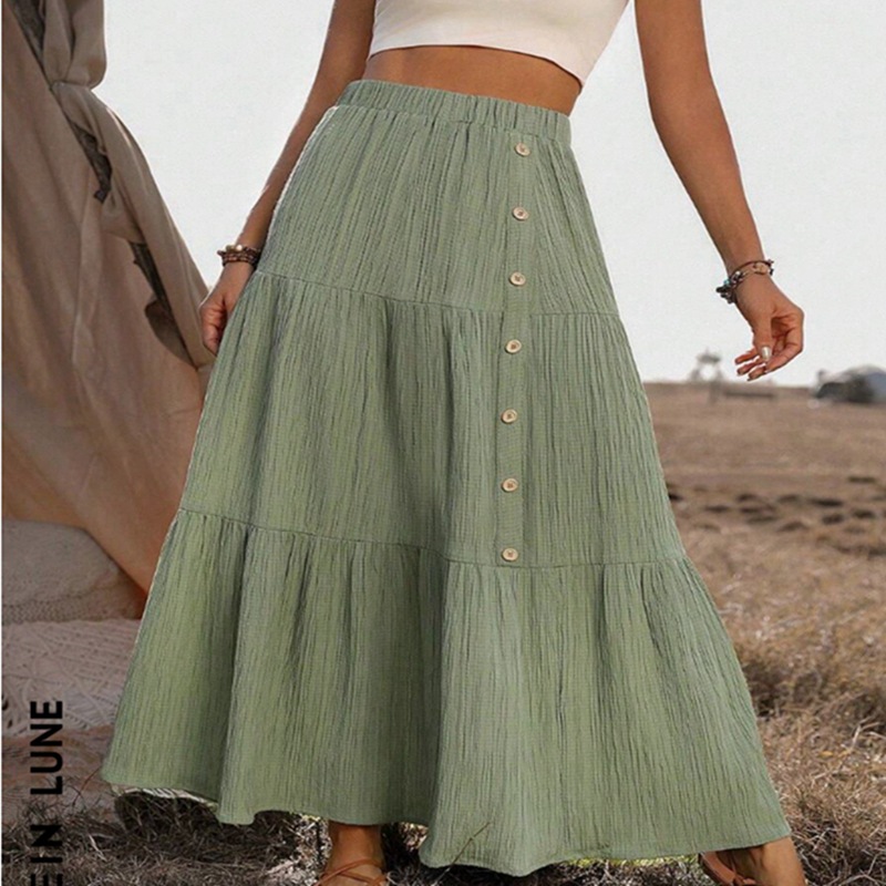 Elastic Waist Comfort Womens Long Tiered Striped Skirt