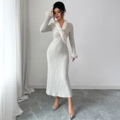 Elegant Solid Colour Long-sleeved Sheath Dress For Women - Flower Grey - View 1