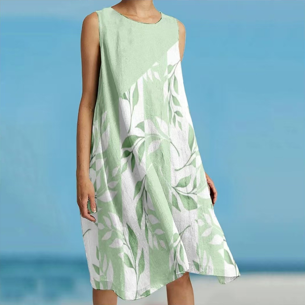 Printed Loose Vacation Casual Sleeveless Vest Skirt Light Green - Shop at LoveMi