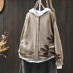 Women's Loose Retro Flower Contrasting Cotton Knit Cardigan - Khaki - View 1