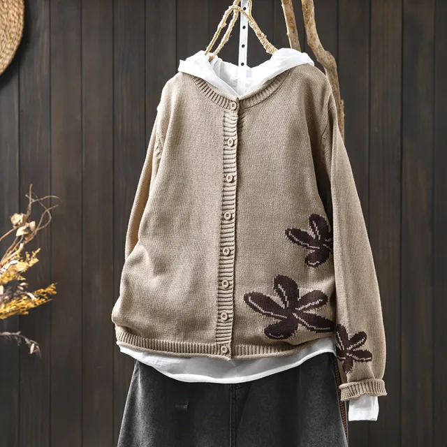 Women's Loose Retro Flower Contrasting Cotton Knit Cardigan Khaki - Shop at LoveMi