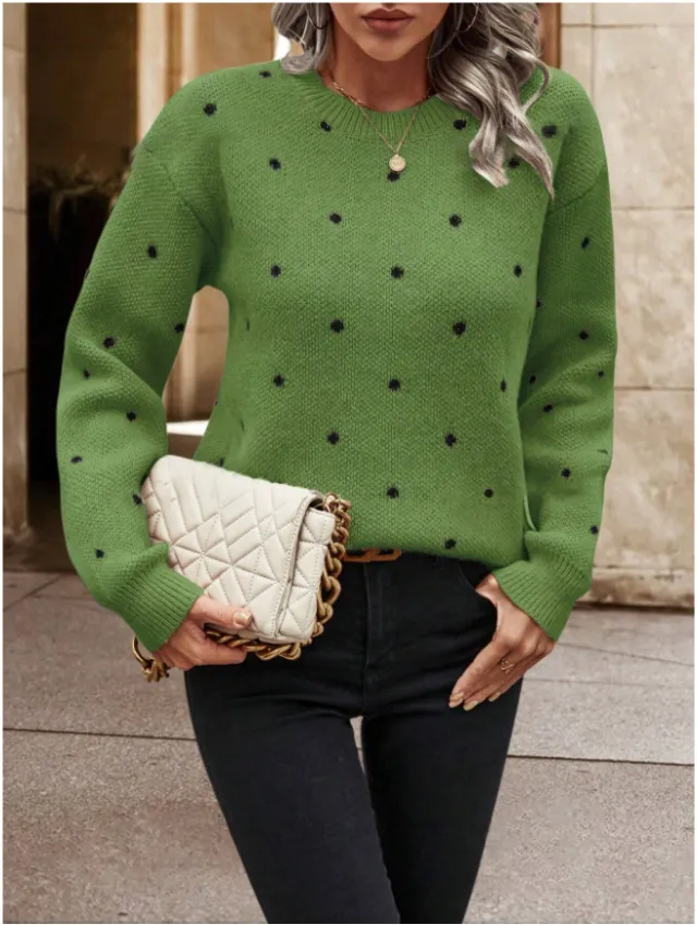 Ins Polka Dot Print Pullover Sweater Fashion Casual Long sleeved Jacquard Knitted Top Winter Round Neck Clothing For Women Green - Shop at LoveMi