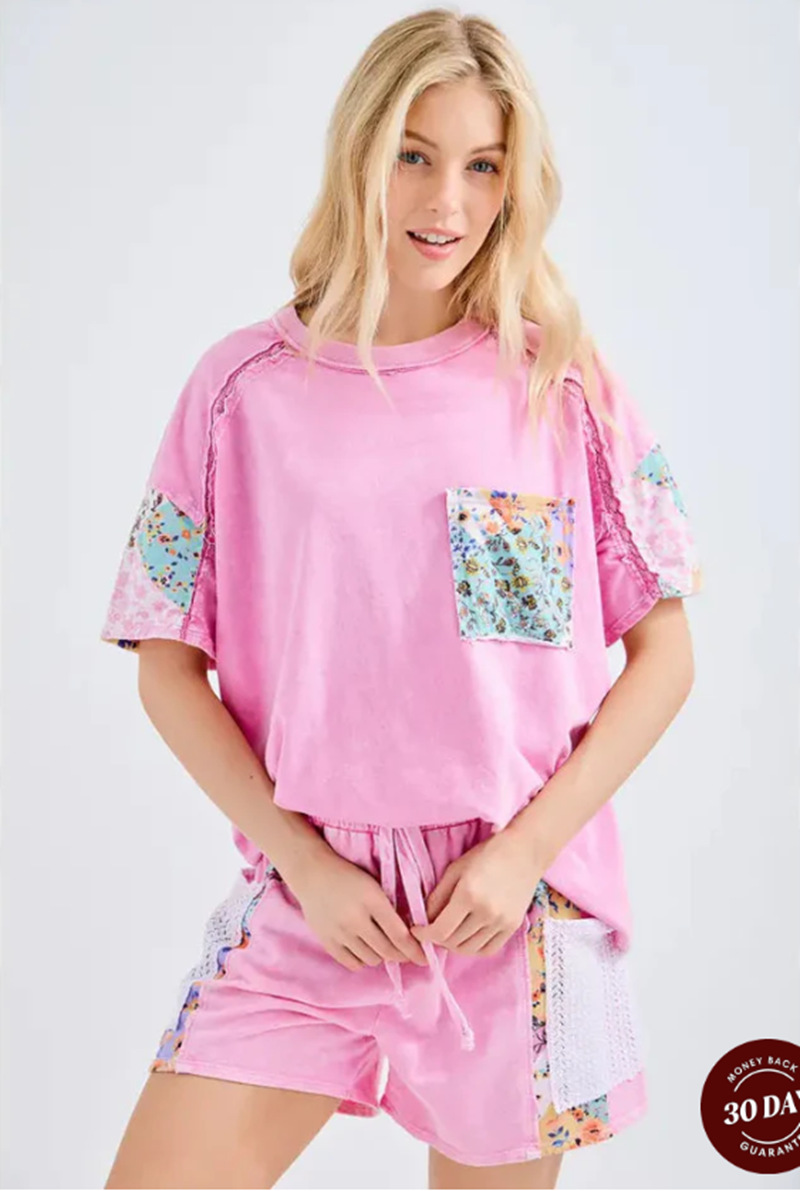 Casual Round Neck Short Sleeves Stitching Floral T shirt Top Pink - Shop at LoveMi