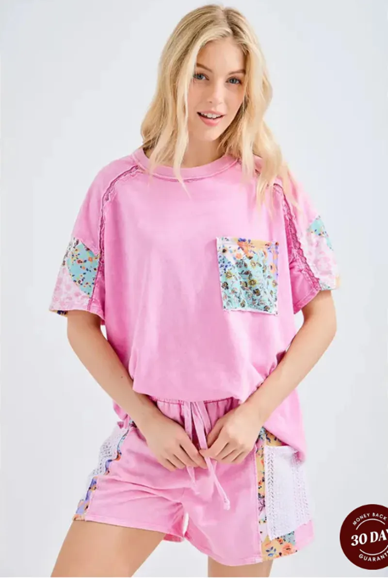 Casual Round Neck Short Sleeves Stitching Floral T-shirt Top - Pink