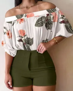 Women's Fashionable Elegant Floral Printed Top And Shorts Suit - Green - View 1