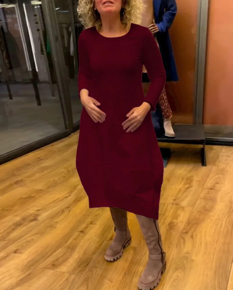 Autumn And Winter Wild Solid Color Round-neck Long-sleeved Dress Women's Clothing - Wine