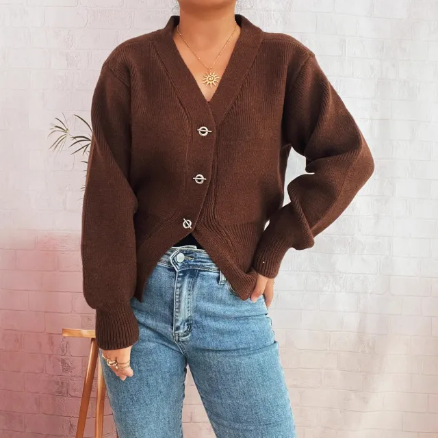 Commute Slim fit Tight Waist Deep V neck Metal Button Solid Color Knitted Cardigan Sweater Brown - Shop at LoveMi