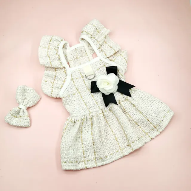 Woven Flying Shoulder Sleeve Skirt Dog Cat Pet Clothes White Dress Bow Tie Corsage - Shop at LoveMi
