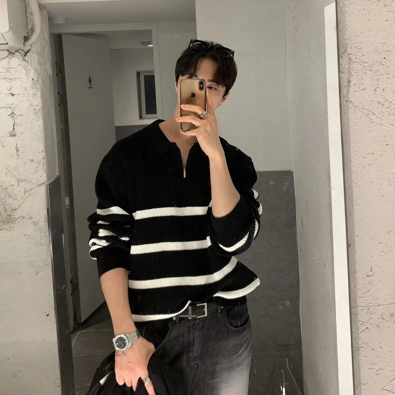 Trendy Brand Striped Long-sleeve Mens Retro Loose-fit