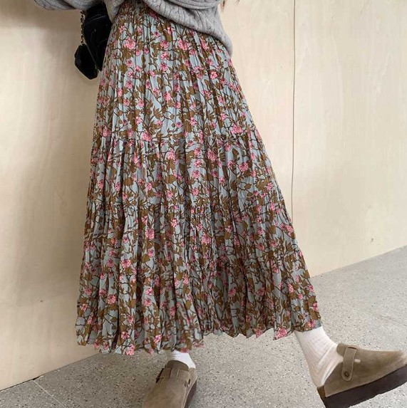 Autumn And Winter Floral High Waist Blue Pleated Skirt