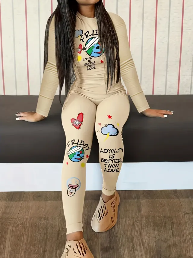 Graffiti Printing Casual Two piece Suit Round Neck Long Sleeve Top Apricot - Shop at LoveMi