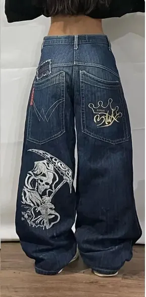 Men's And Women's Fashion Loose Skull Printed Jeans Blue - Shop at LoveMi