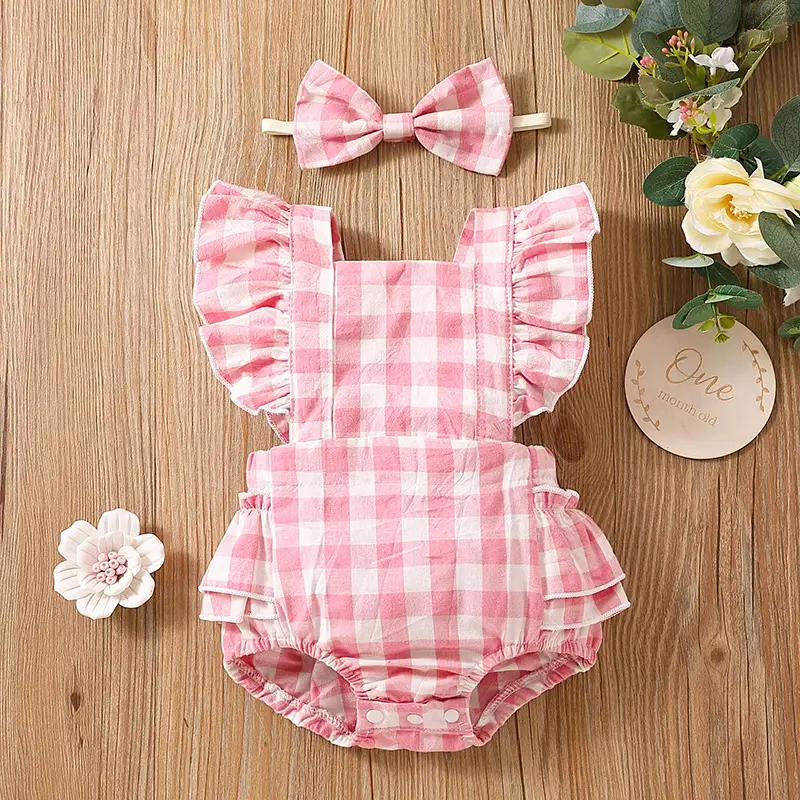 Bubble Cotton Plaid Flounced Sleeve Romper Hip Wrap Clothes Headdress