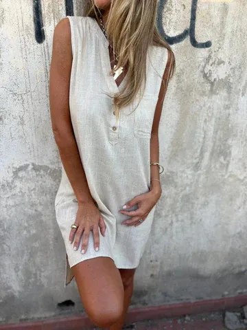 Fashion Casual Cotton Linen Solid Color Buttons Pocket Deep V neck Dress Beige - Shop at LoveMi
