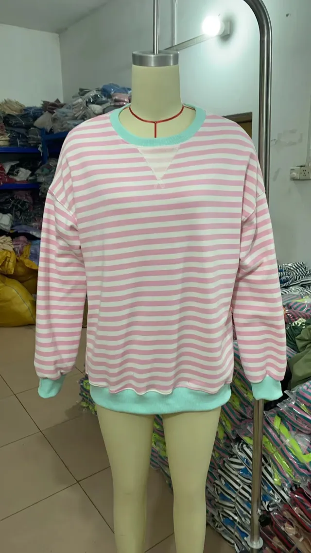 Striped Round Neck Contrast Color Loose Long Sleeve Sweatershirt Pink - Shop at LoveMi